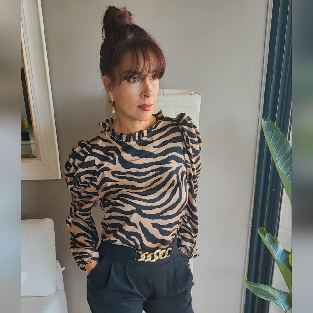 Animal PrintLong Puff SleeveMock NecklineBack Keyhole Closure